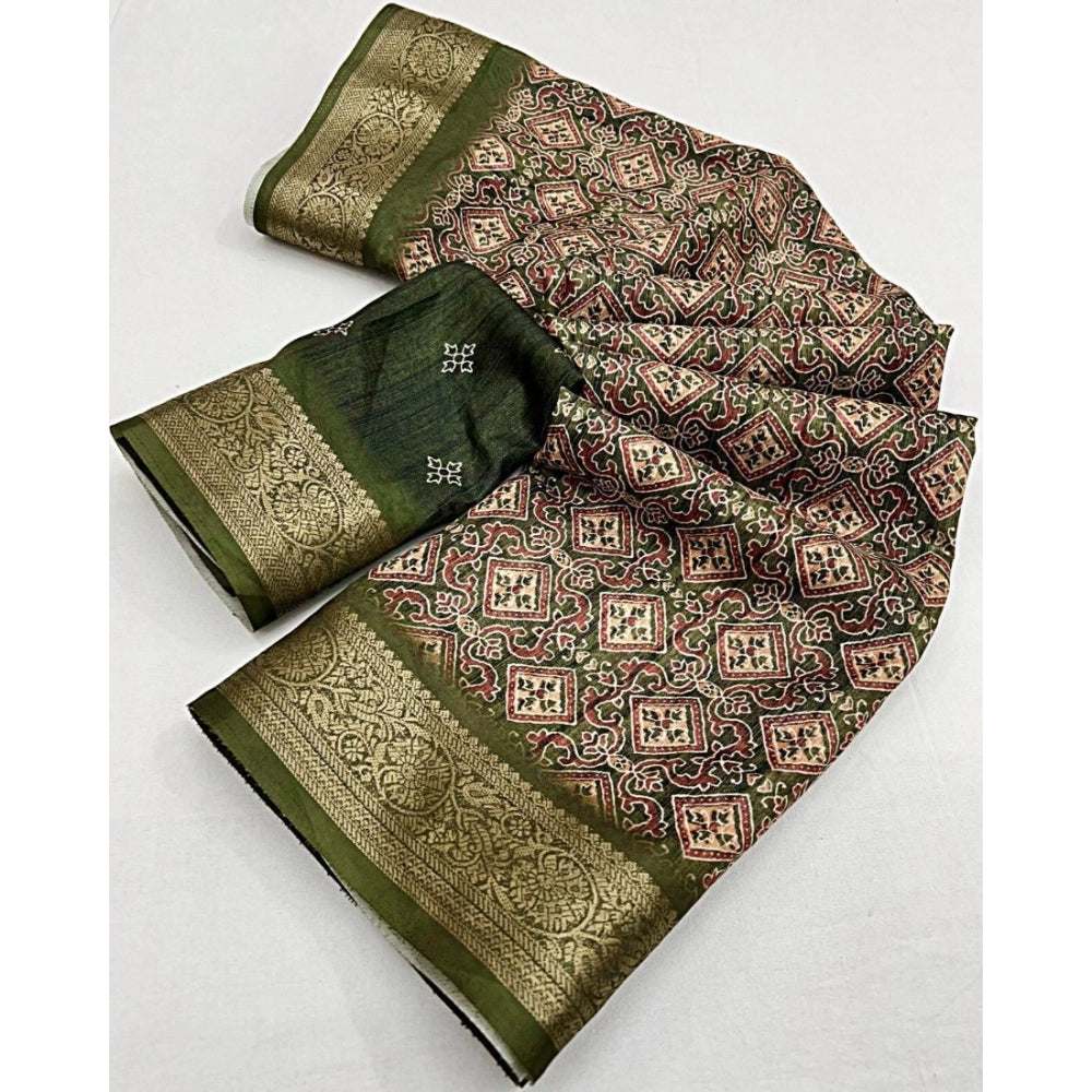 Amfyn Women's Cotton Blend Printed Saree With Unstitched Blouse 5.5Mtr (Green)