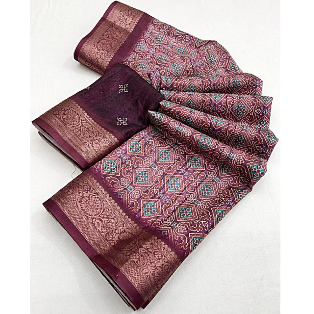 Amfyn Women's Cotton Blend Printed Saree With Unstitched Blouse 5.5Mtr (Wine)