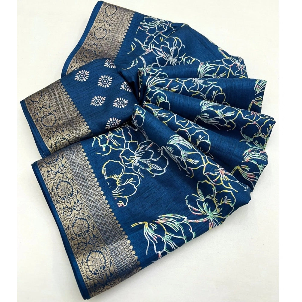 Amfyn Women's Cotton Silk Floral Printed Saree With Unstitched Blouse 5.5Mtr (Blue)