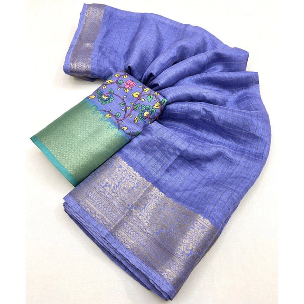 Amfyn Women's Cotton Blend Checkered Saree With Unstitched Blouse 5.5Mtr (Blue)