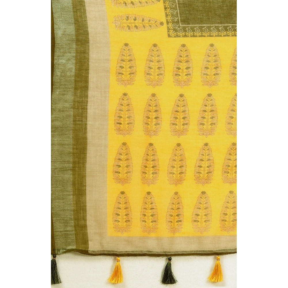 Amfyn Women's Cotton Linen Printed Saree With Unstitched Blouse 5.5Mtr (Green)