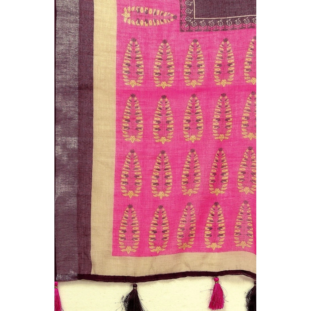 Amfyn Women's Cotton Linen Printed Saree With Unstitched Blouse 5.5Mtr (Wine)