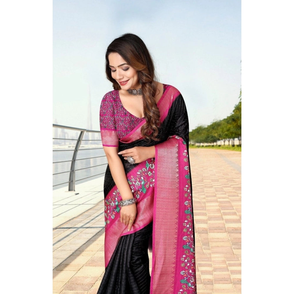 Amfyn Women's Cotton Silk Printed Saree With Unstitched Blouse 5.5Mtr (Black-Pink)