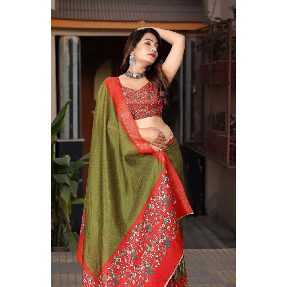Amfyn Women's Cotton Silk Printed Saree With Unstitched Blouse 5.5Mtr (Green-Red)