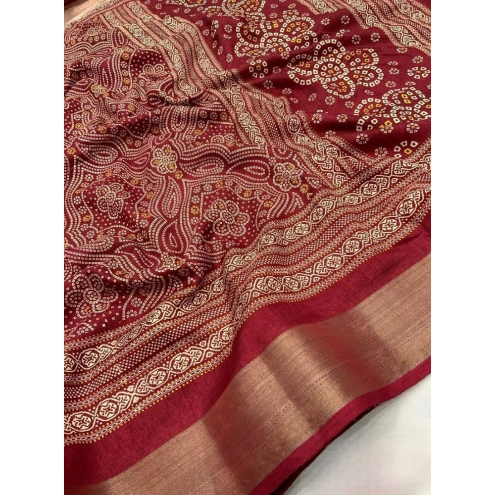 Amfyn Women's Cotton Silk Printed Saree With Unstitched Blouse 5.5Mtr (Maroon)