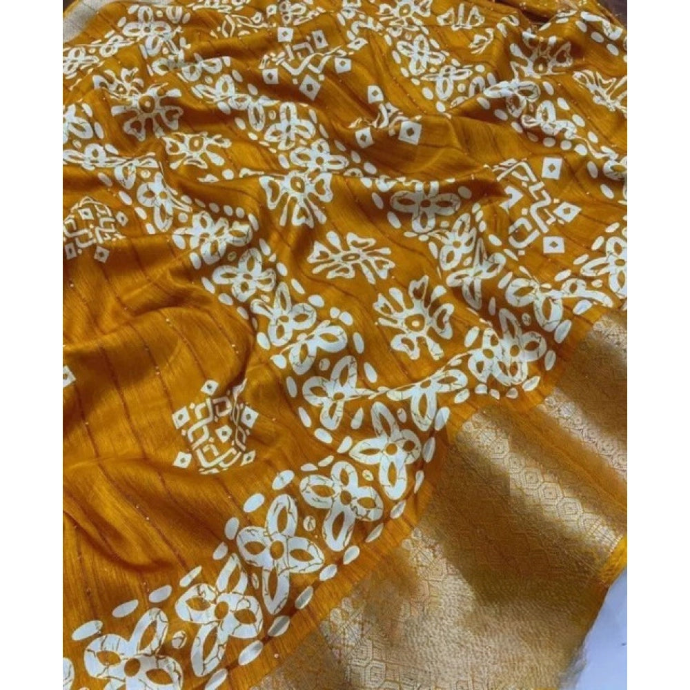 Amfyn Women's Cotton Silk Printed Saree With Unstitched Blouse 5.5Mtr (Yellow)