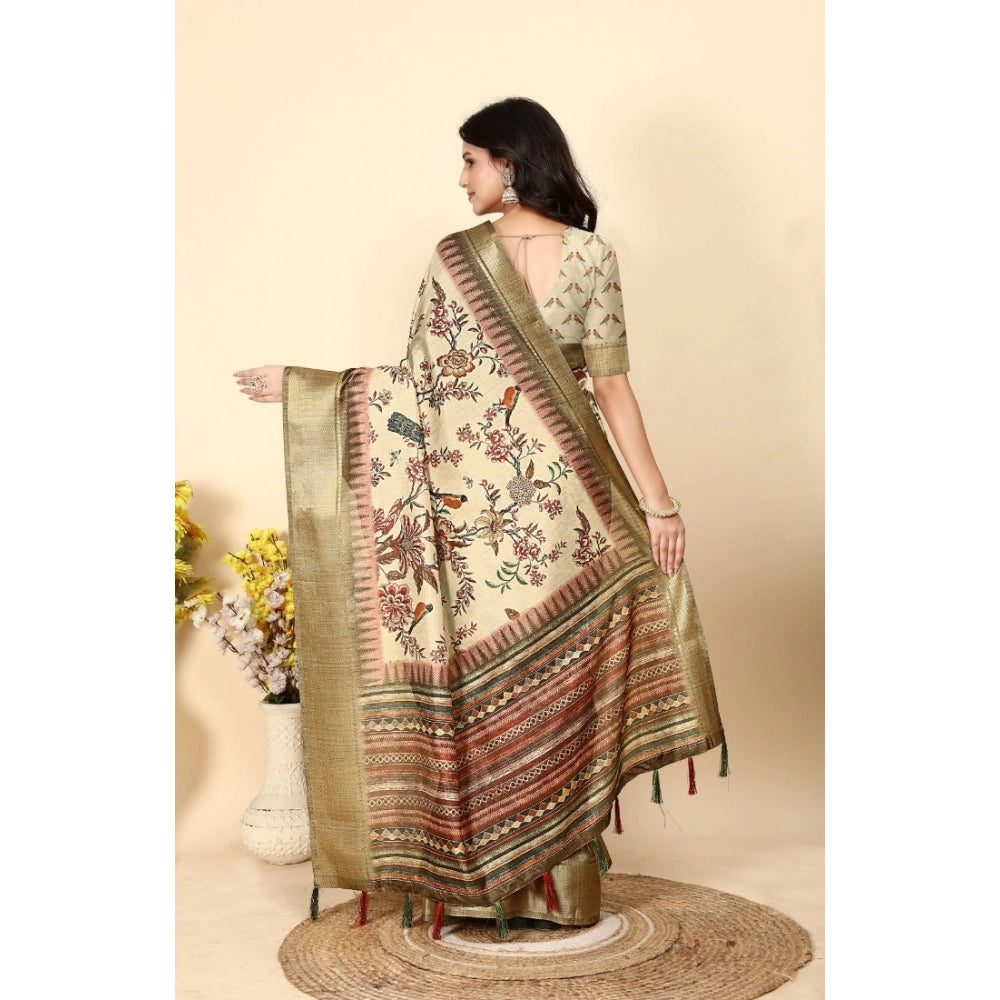 Amfyn Women's Cotton Silk Printed Saree With Unstitched Blouse 5.5Mtr (Cream)