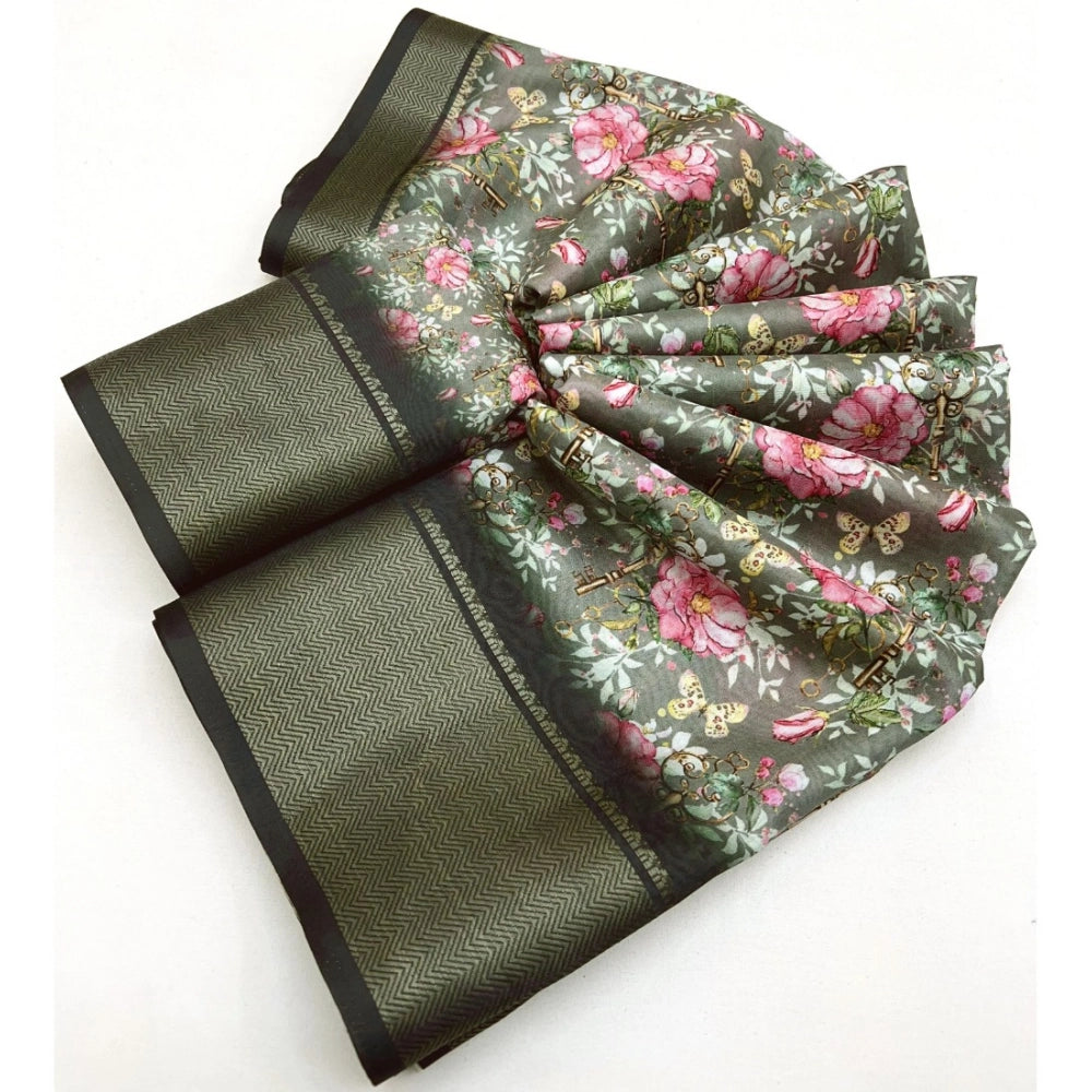 Amfyn Women's Cotton Silk Floral Printed Saree With Unstitched Blouse 5.5Mtr (Grey)
