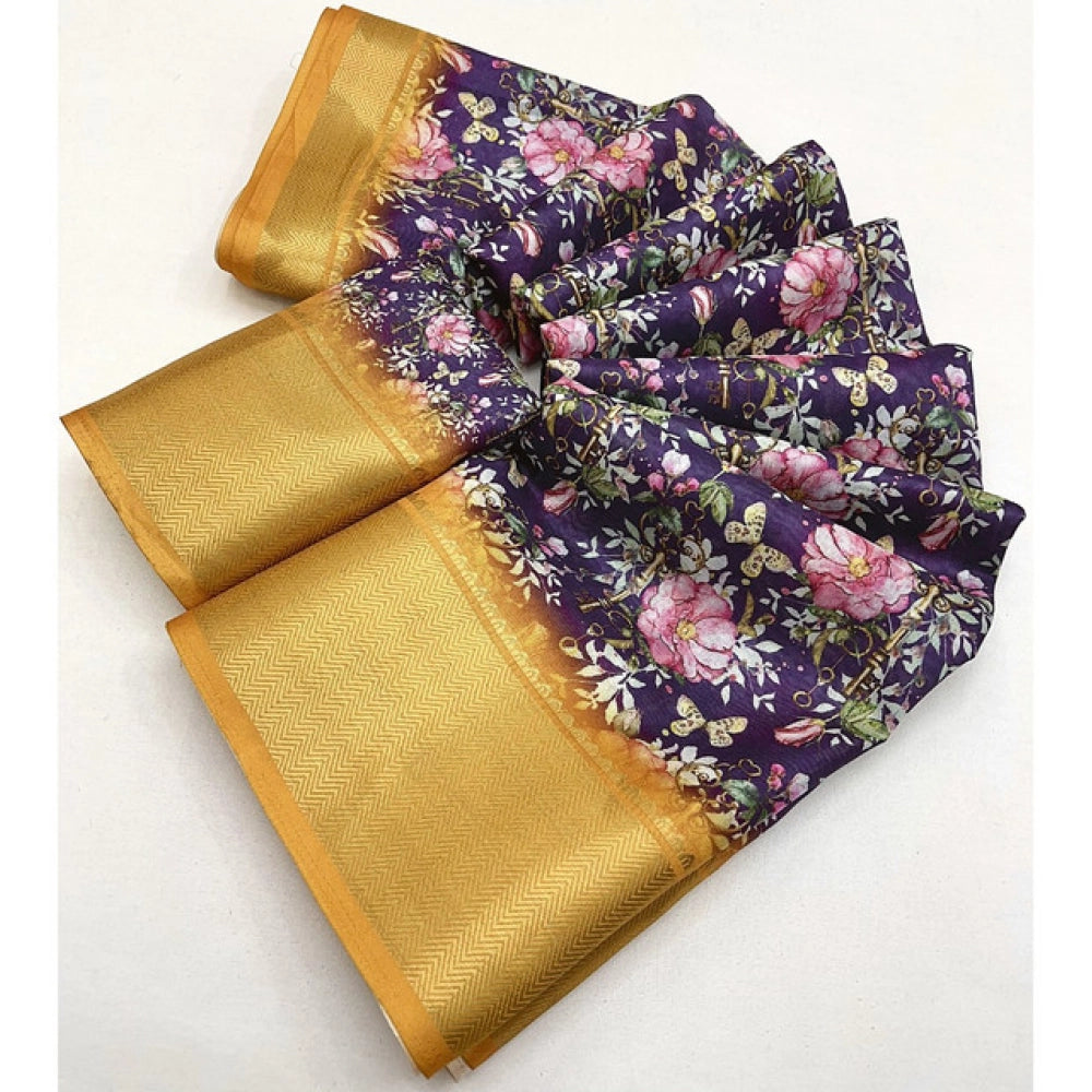 Amfyn Women's Cotton Silk Floral Printed Saree With Unstitched Blouse 5.5Mtr (Purple)