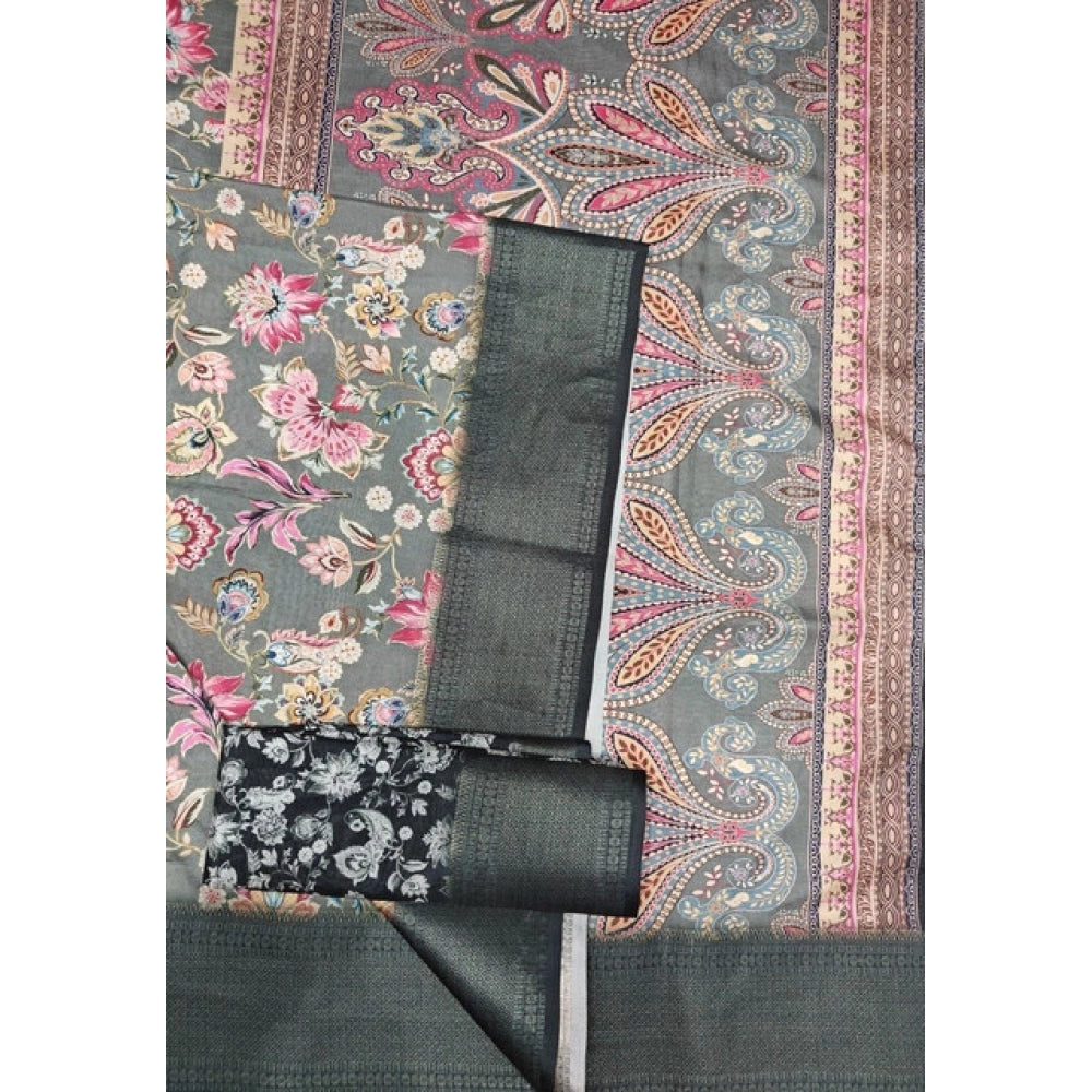 Amfyn Women's Cotton Silk Floral Printed Saree With Unstitched Blouse 5.5Mtr (Grey-Black)