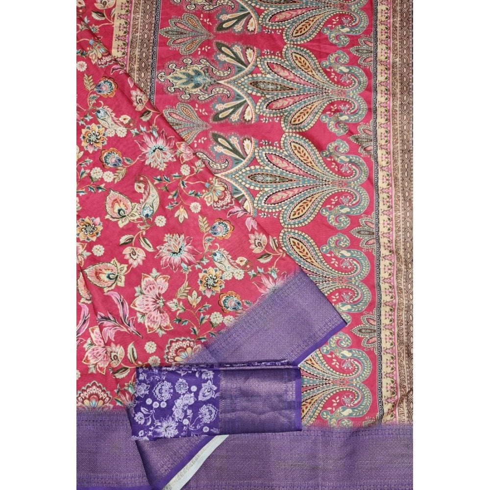 Amfyn Women's Cotton Silk Floral Printed Saree With Unstitched Blouse 5.5Mtr (Pink-Purple)