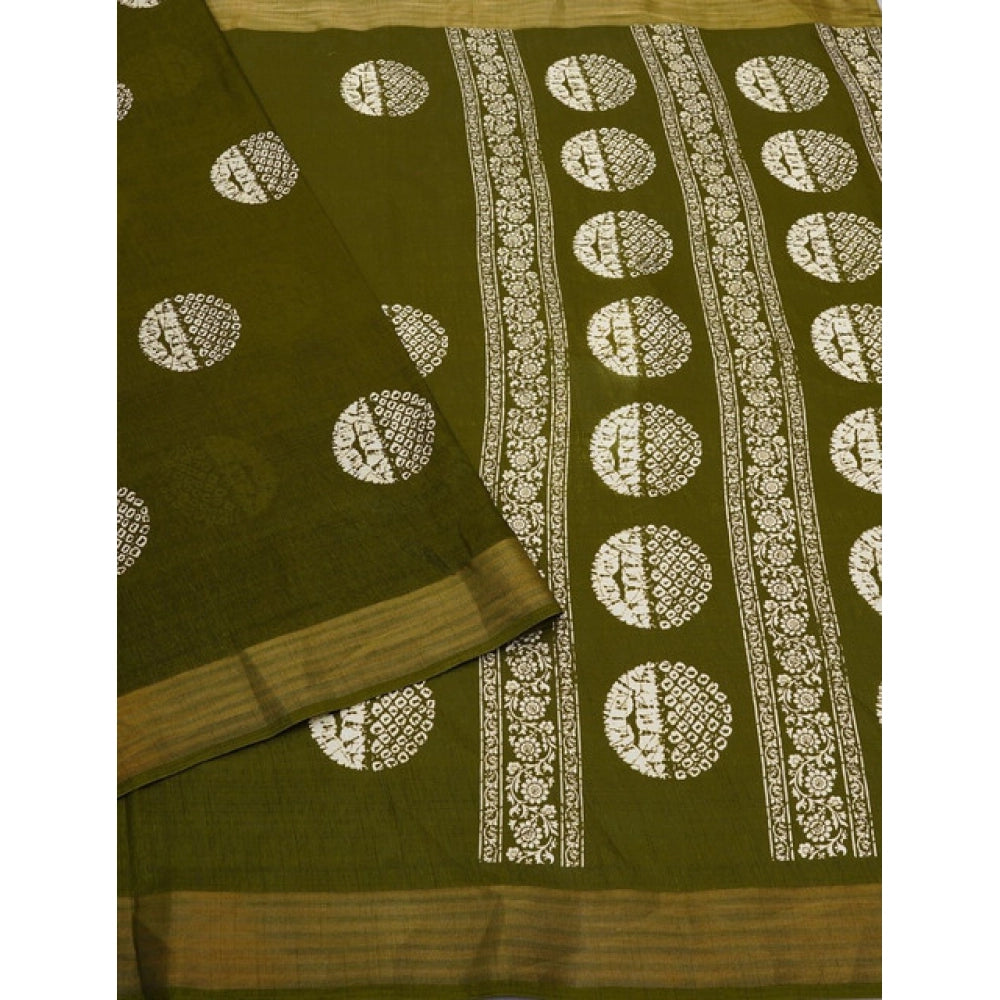 Amfyn Women's Cotton Silk Printed Saree With Unstitched Blouse 5.5Mtr (Green)