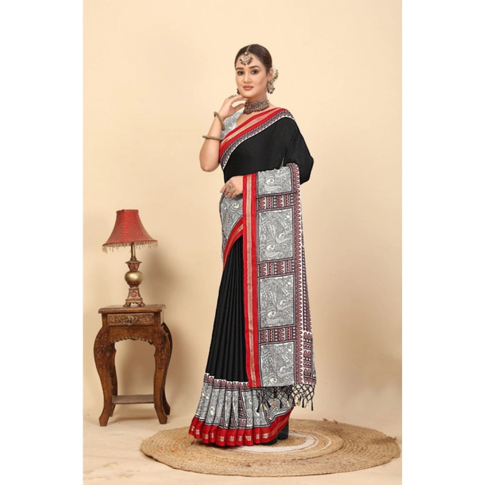 Amfyn Women's Cotton Silk Printed Saree With Unstitched Blouse 5.5Mtr (Black)