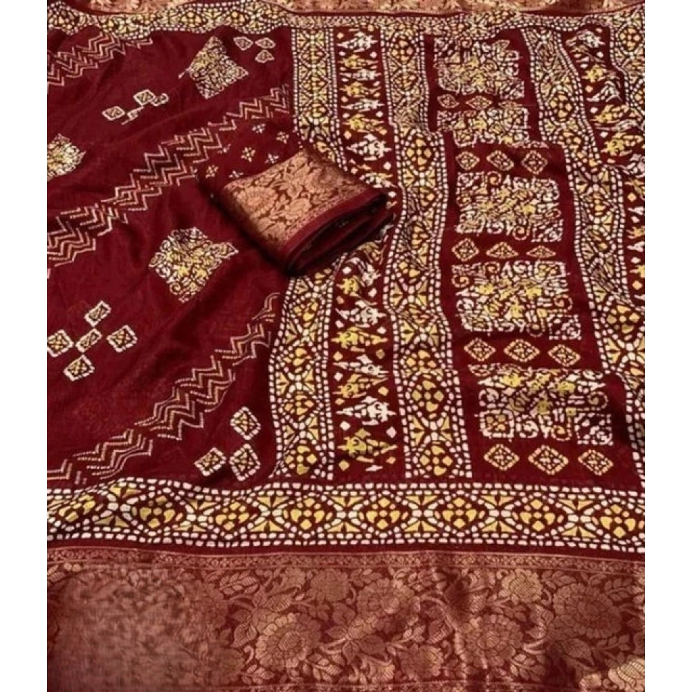 Amfyn Women's Cotton Silk Printed Saree With Unstitched Blouse 5.5Mtr (Maroon)