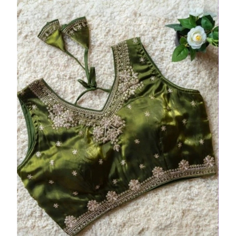 Amfyn Women's Silk Embroidered V-Neck Sleeveless Readymade Padded Blouse (Mahendi, Size 38)