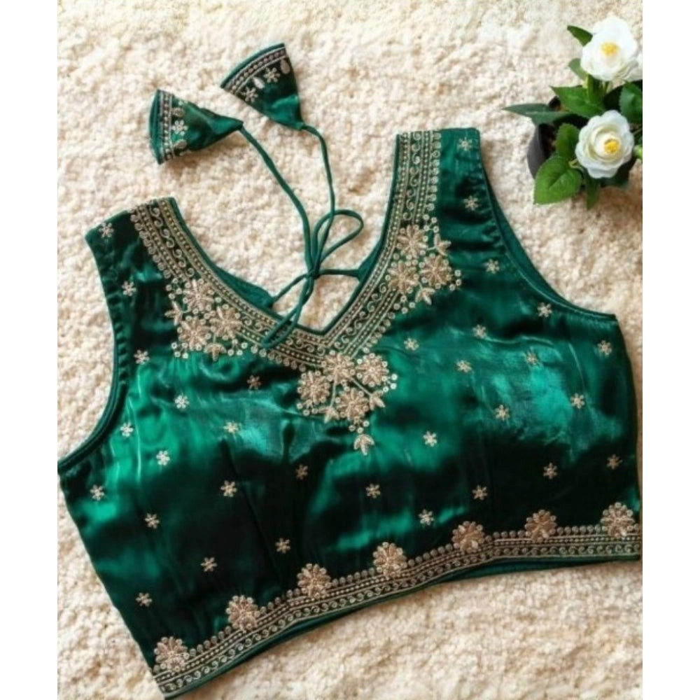 Amfyn Women's Silk Embroidered V-Neck Sleeveless Readymade Padded Blouse (Green, Size 38)