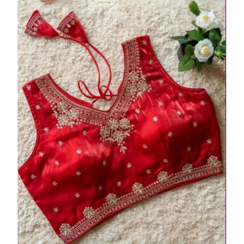 Amfyn Women's Silk Embroidered V-Neck Sleeveless Readymade Padded Blouse (Red, Size 38)
