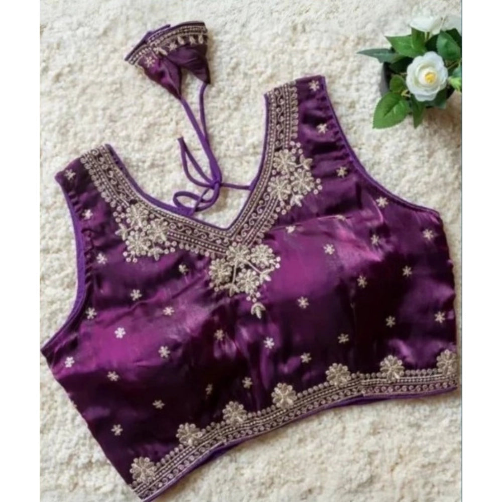 Amfyn Women's Silk Embroidered V-Neck Sleeveless Readymade Padded Blouse (Wine, Size 38)
