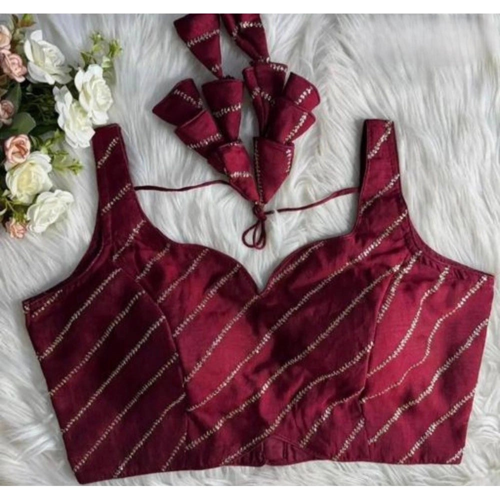 Amfyn Women's Silk Embellished Sweetheart Neck Sleeveless Readymade Padded Blouse (Maroon, Size 38)