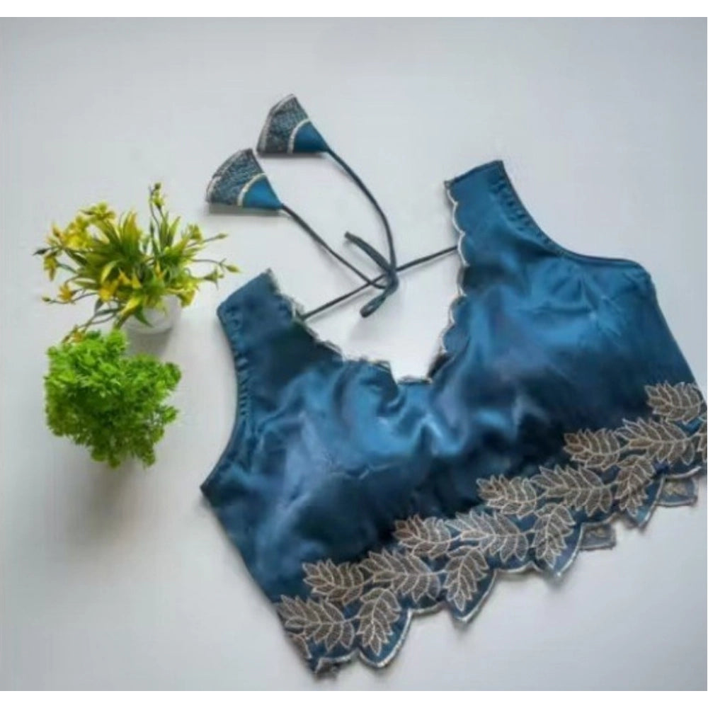 Amfyn Women's Silk Embroidered Sweetheart Neck Sleeveless Readymade Padded Blouse (Blue, Size 38)