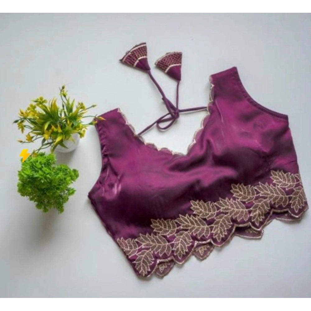Amfyn Women's Silk Embroidered Sweetheart Neck Sleeveless Readymade Padded Blouse (Wine, Size 38)