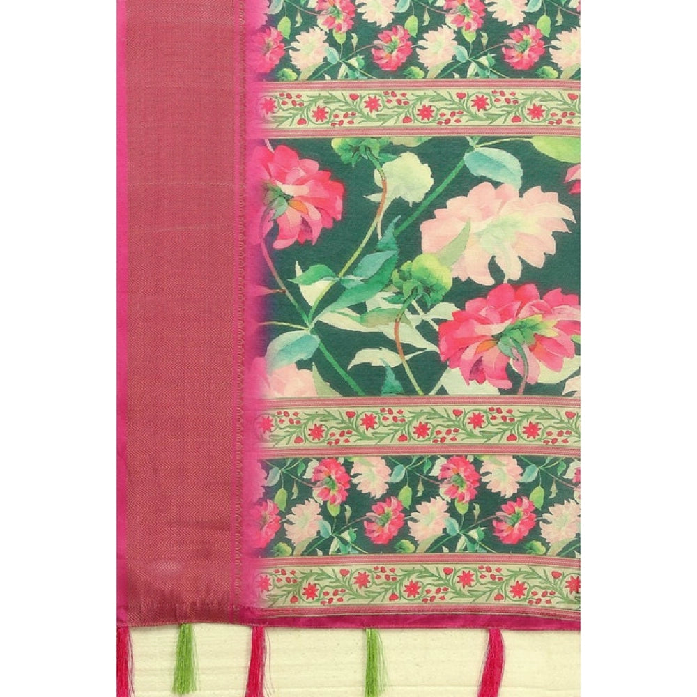 Amfyn Women's Cotton Silk Floral Printed Saree With Unstitched Blouse 5.5Mtr (Green)