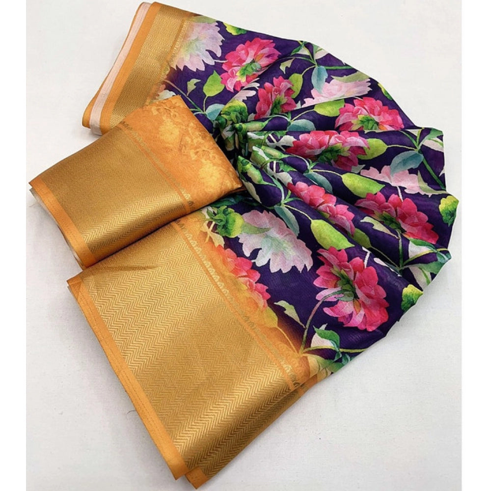 Amfyn Women's Cotton Silk Floral Printed Saree With Unstitched Blouse 5.5Mtr (Purple)