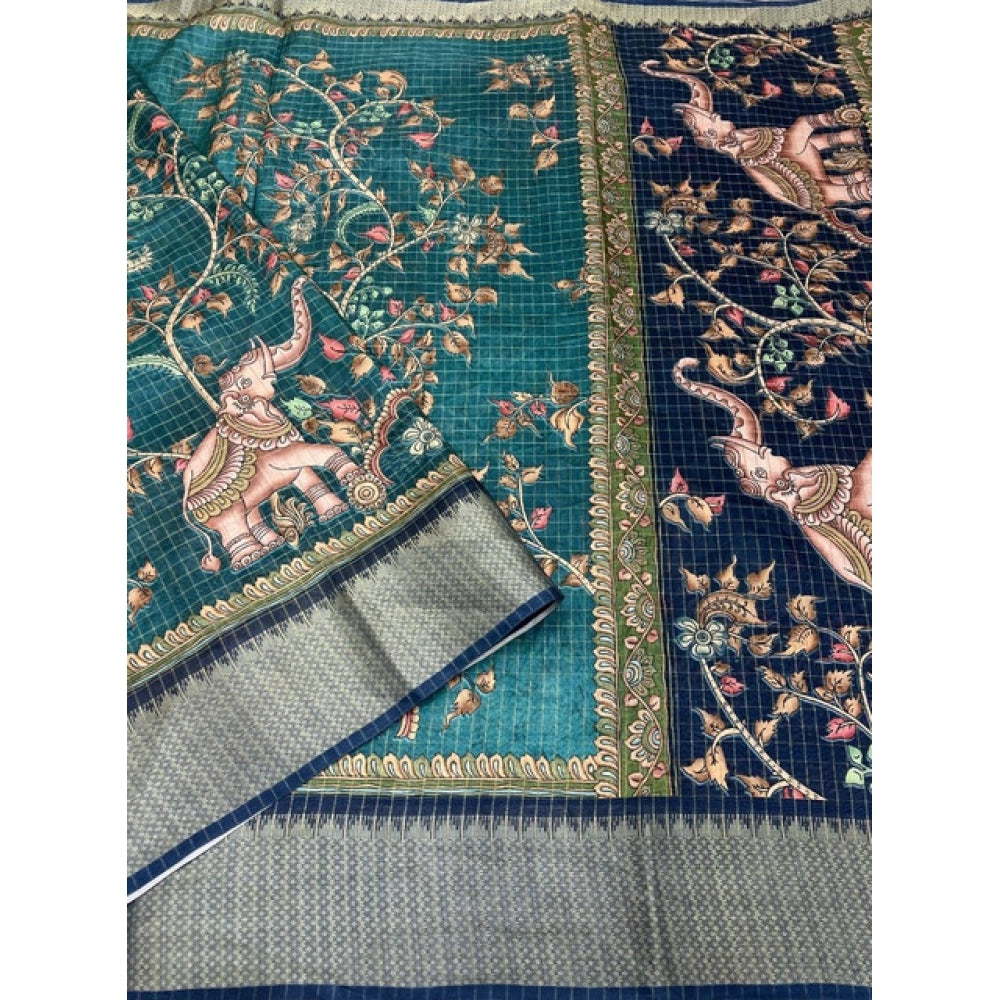 Amfyn Women's Cotton Silk Printed Saree With Unstitched Blouse 5.5Mtr (Teal)