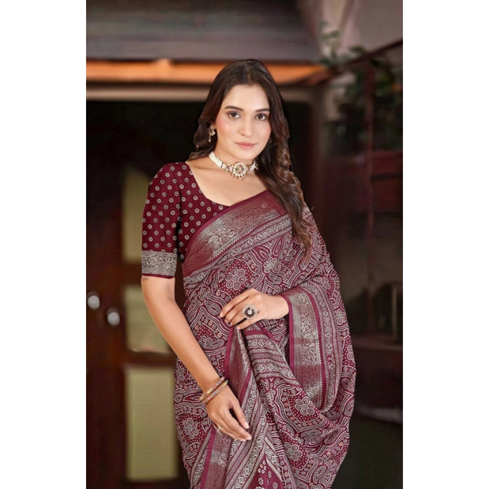 Amfyn Women's Cotton Silk Floral Printed Saree With Unstitched Blouse 5.5Mtr (Maroon)