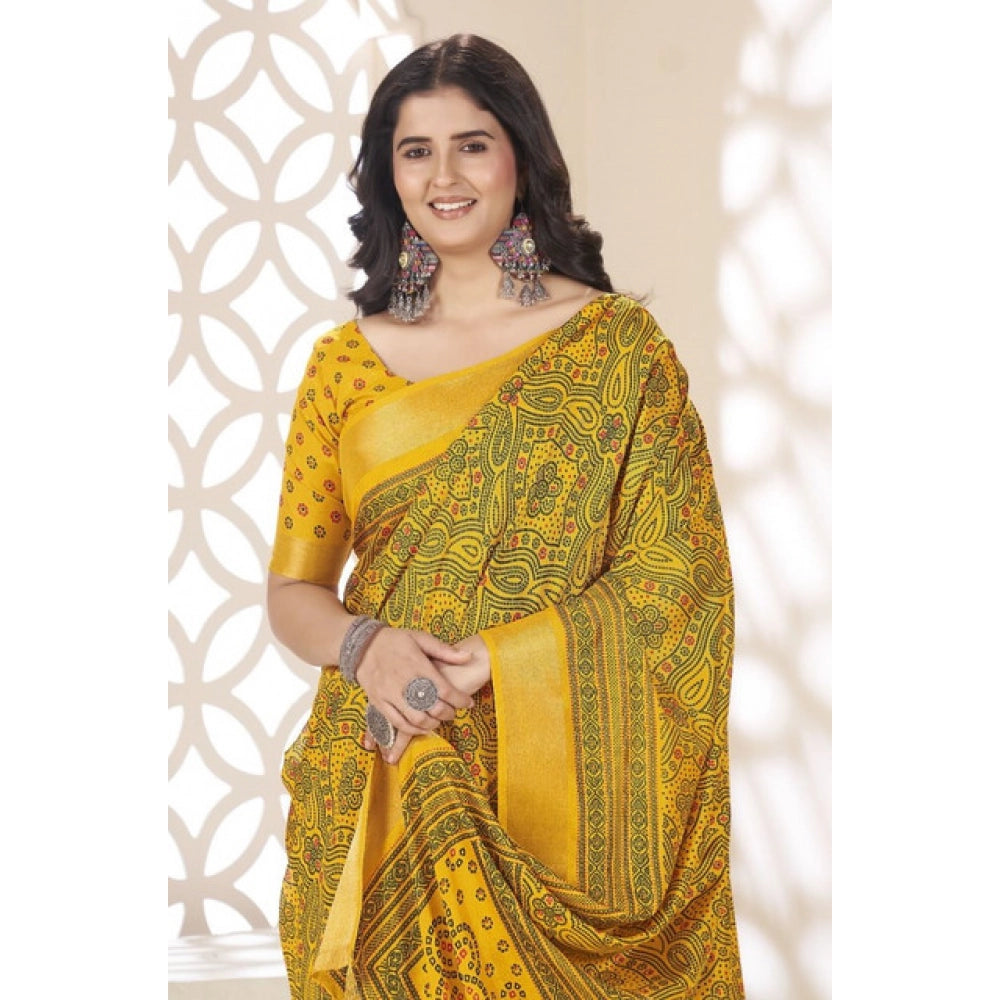 Amfyn Women's Cotton Silk Floral Printed Saree With Unstitched Blouse 5.5Mtr (Yellow)