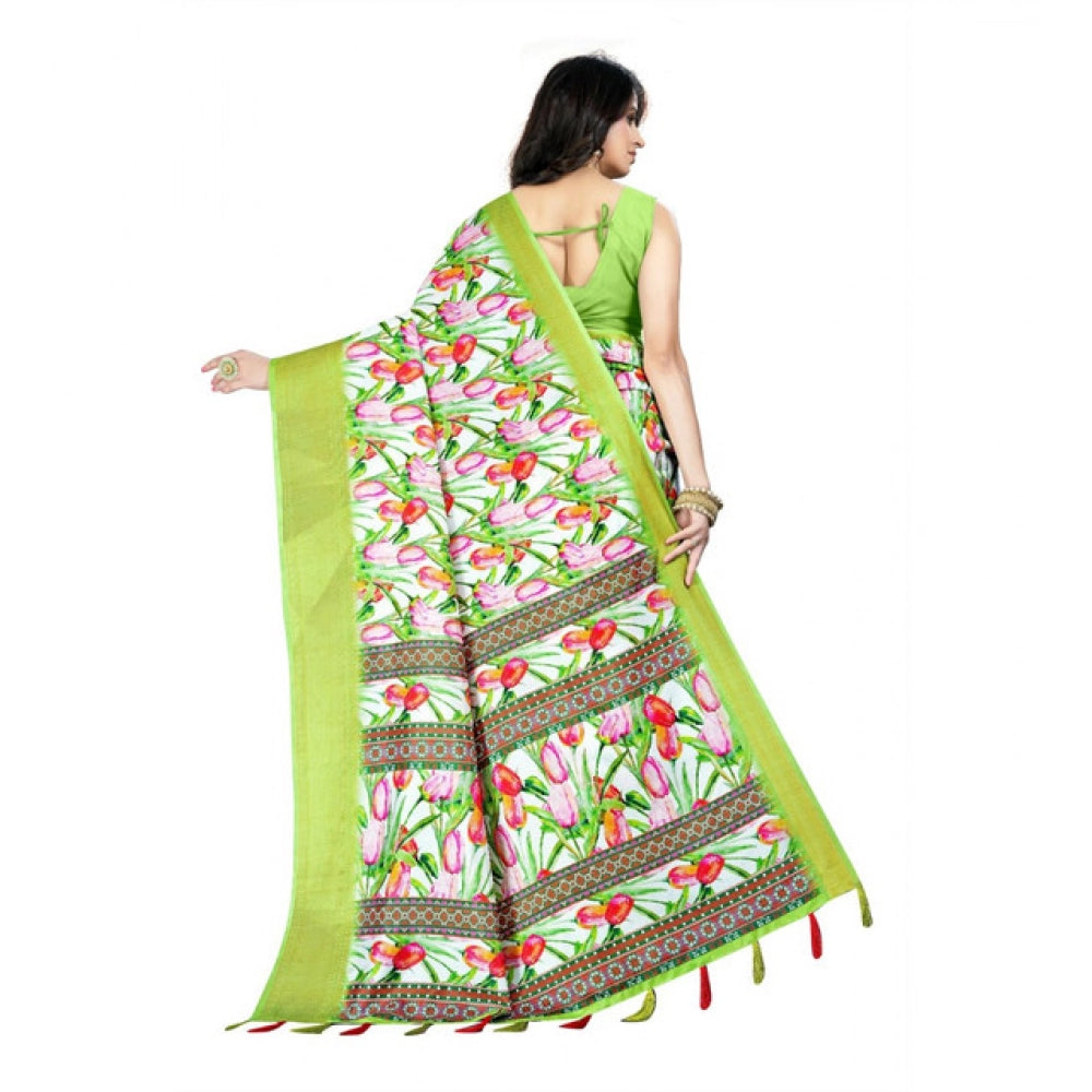 Amfyn Women's Cotton Silk Floral Printed Saree With Unstitched Blouse 5.5Mtr (Green-White)