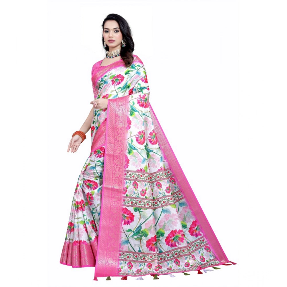 Amfyn Women's Cotton Silk Floral Printed Saree With Unstitched Blouse 5.5Mtr (Pink-White)
