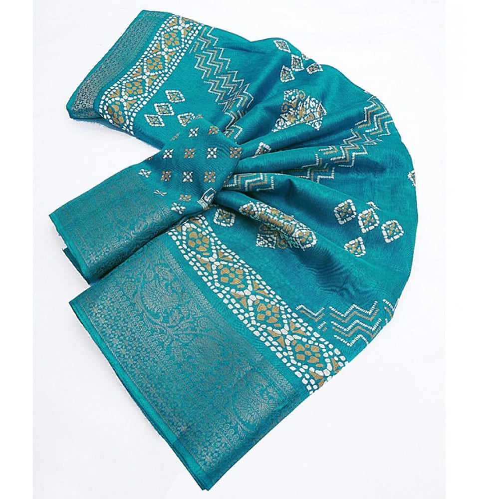 Amfyn Women's Cotton Silk Printed Saree With Unstitched Blouse 5.5Mtr (Teal)