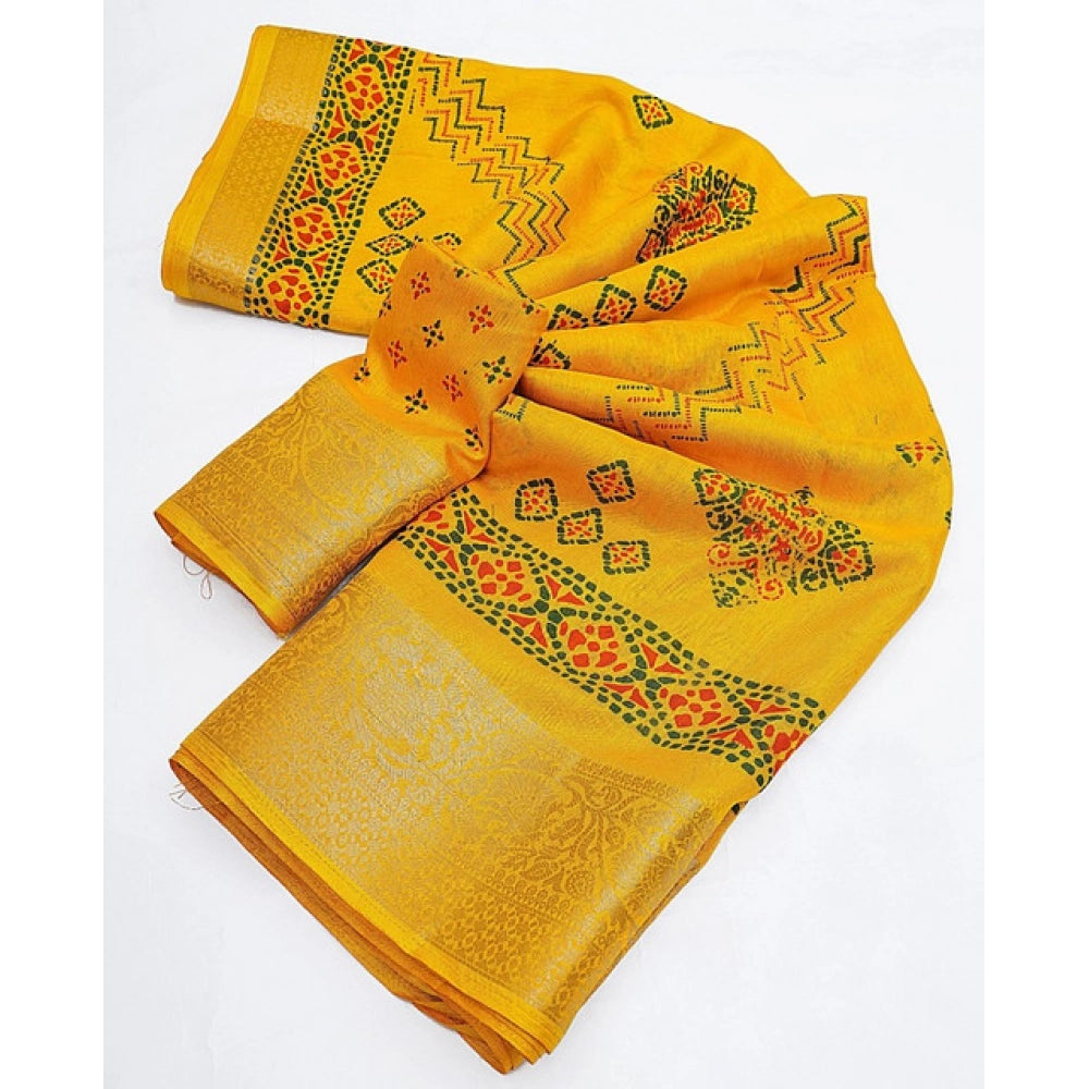 Amfyn Women's Cotton Silk Printed Saree With Unstitched Blouse 5.5Mtr (Yellow)