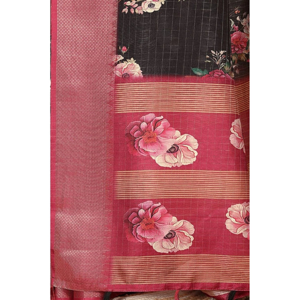 Amfyn Women's Cotton Silk Floral Printed Saree With Unstitched Blouse 5.5Mtr (Black)