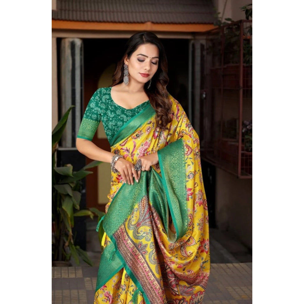 Amfyn Women's Cotton Silk Floral Printed Saree With Unstitched Blouse 5.5Mtr (Yellow-Green)