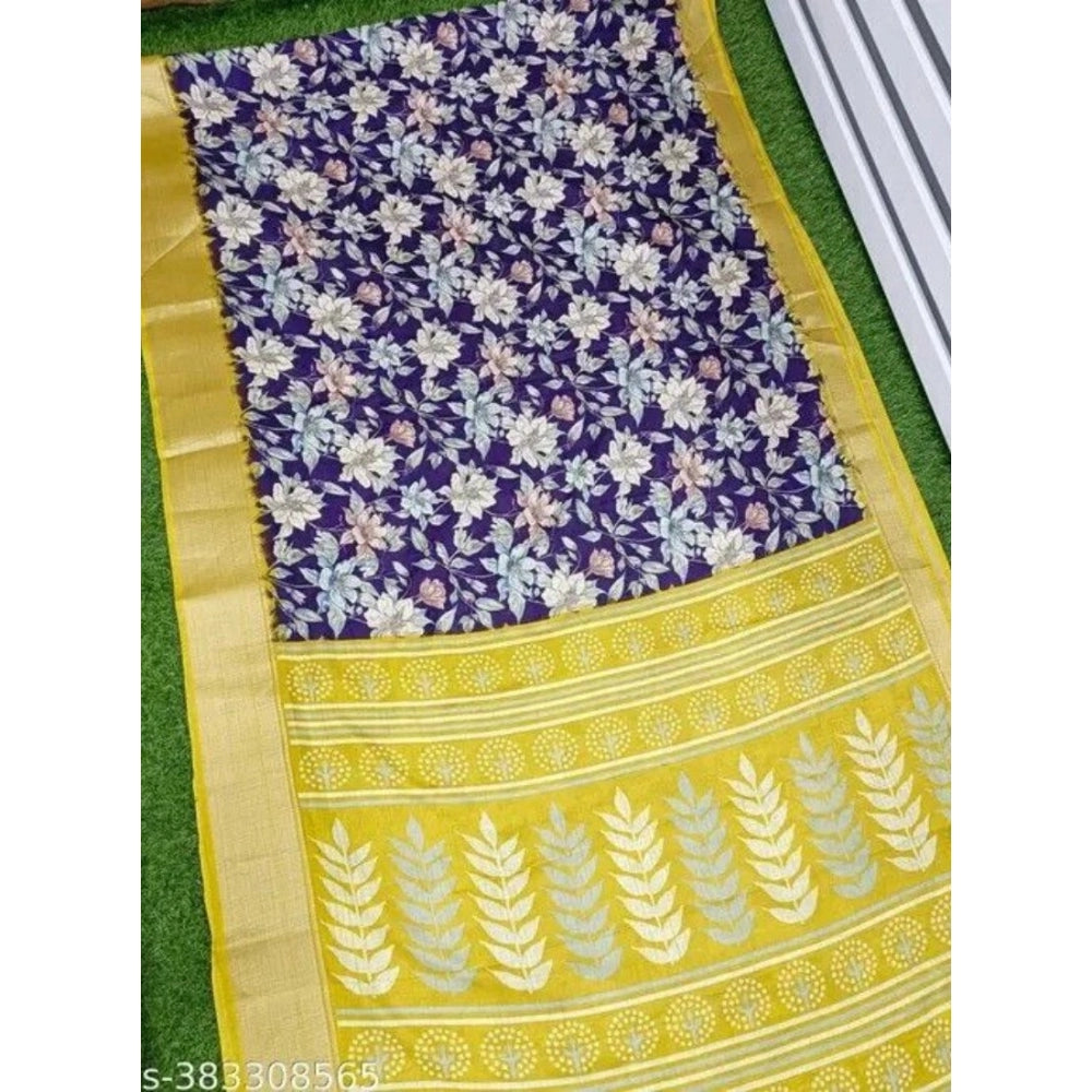 Amfyn Women's Cotton Blend Floral Printed Saree With Unstitched Blouse 5.5Mtr (Purple)
