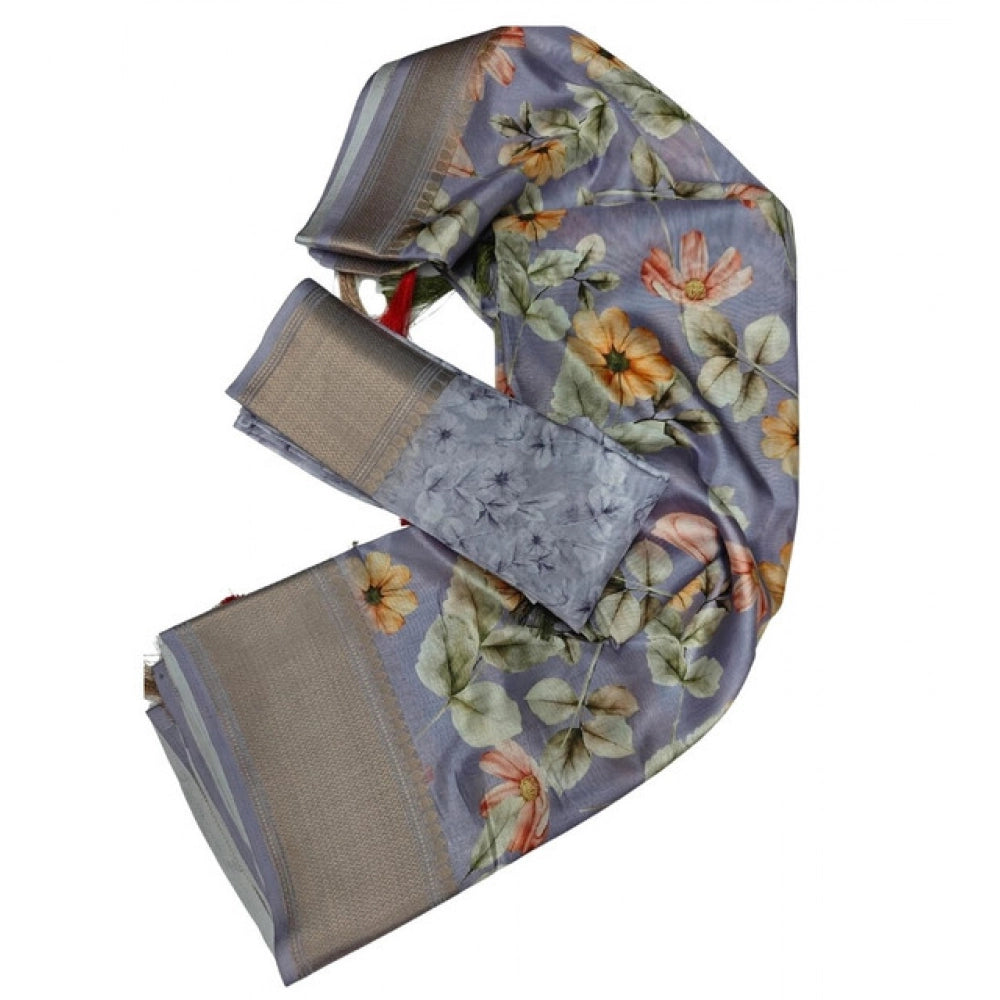 Amfyn Women's Cotton Silk Floral Printed Saree With Unstitched Blouse 5.5Mtr (Grey)