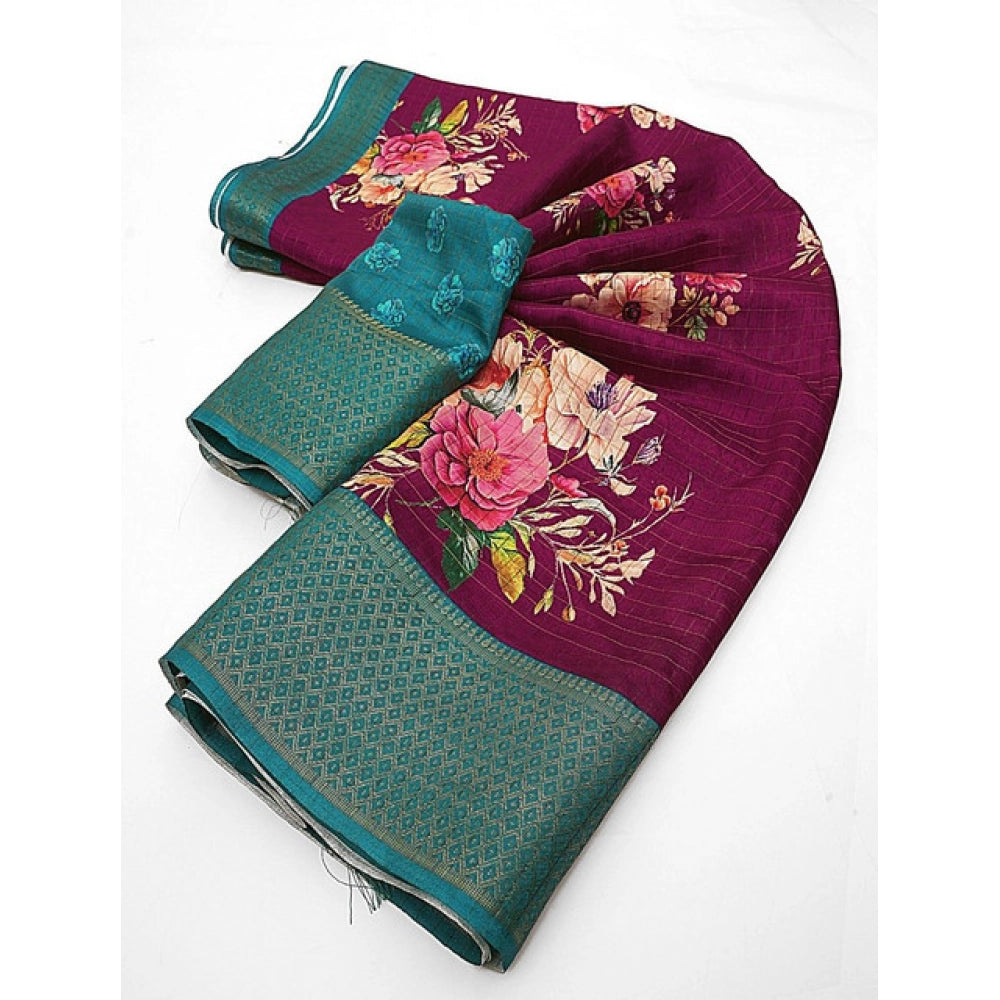 Amfyn Women's Cotton Blend Floral Printed Saree With Unstitched Blouse 5.5Mtr (Maroon)