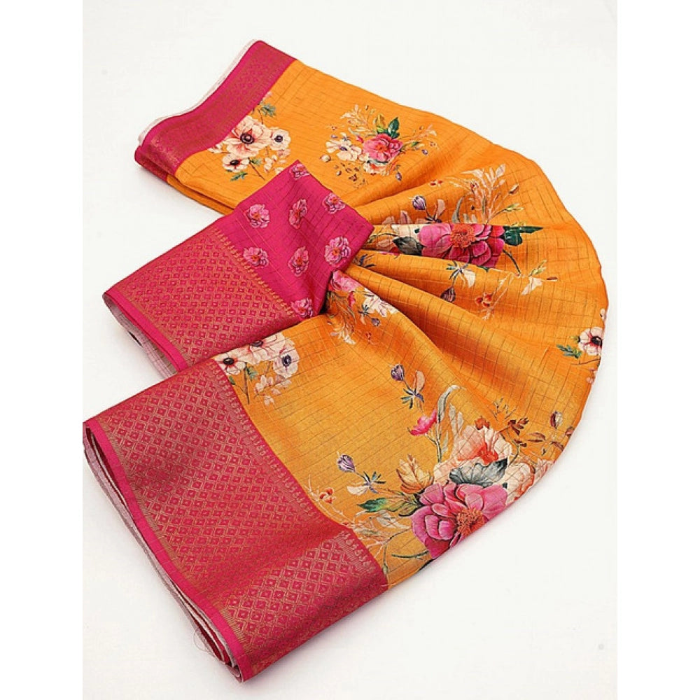 Amfyn Women's Cotton Blend Floral Printed Saree With Unstitched Blouse 5.5Mtr (Yellow)