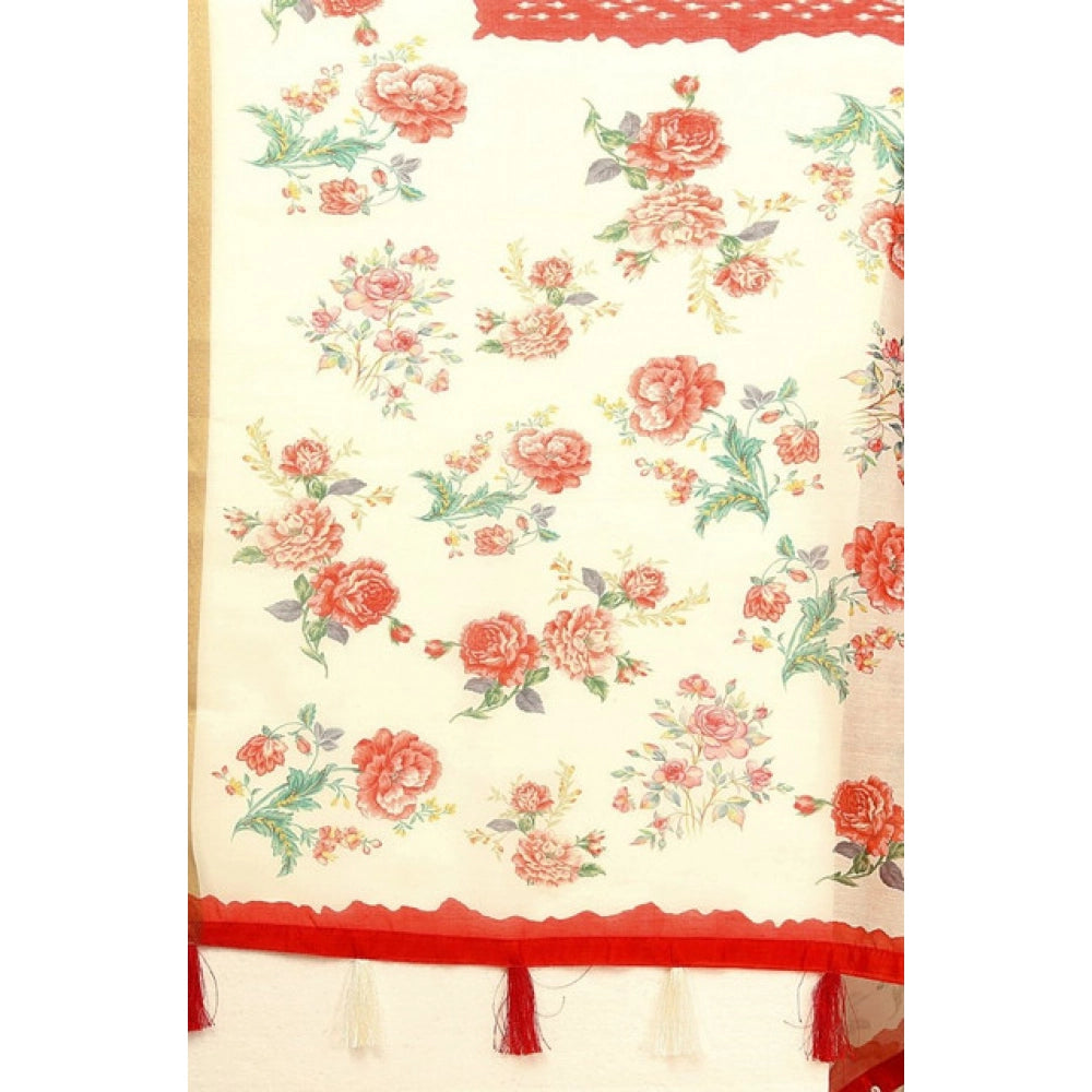 Amfyn Women's Chanderi Floral Printed Saree With Unstitched Blouse 5.5Mtr (Red)