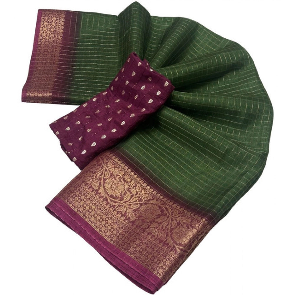 Amfyn Women's Cotton Blend Checkered Saree With Unstitched Blouse 5.5Mtr (Green)