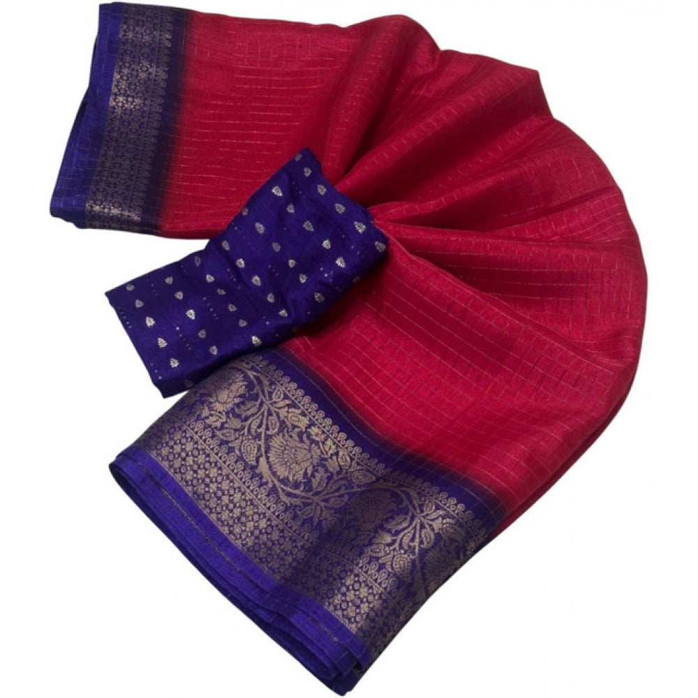 Amfyn Women's Cotton Blend Checkered Saree With Unstitched Blouse 5.5Mtr (Pink)