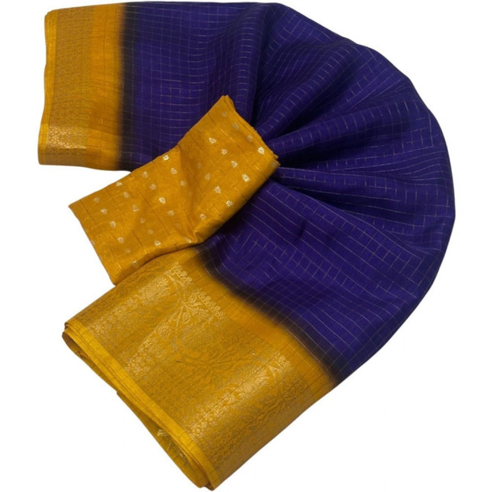 Amfyn Women's Cotton Blend Checkered Saree With Unstitched Blouse 5.5Mtr (Royal Blue)