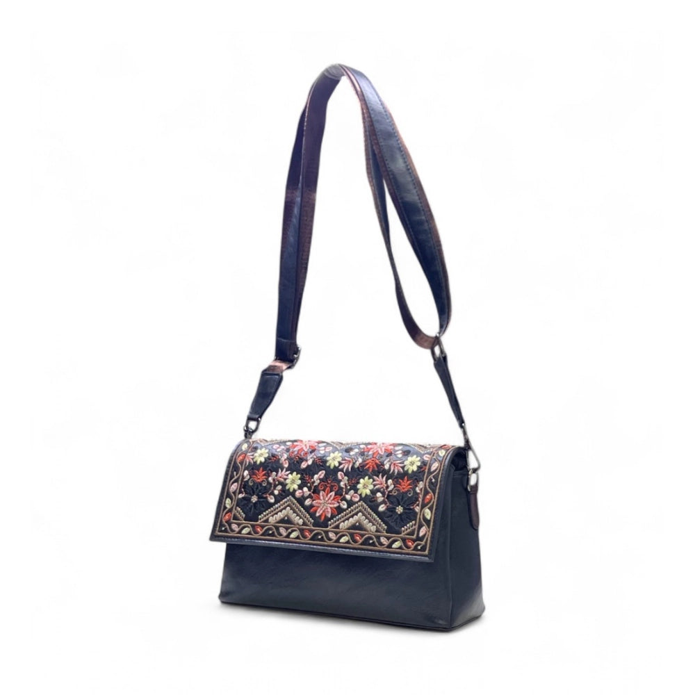 Generic Women's Polyurethane Floral Embroidered Crossbody Sling Bag with Adjustable & Removable Strap (Black)