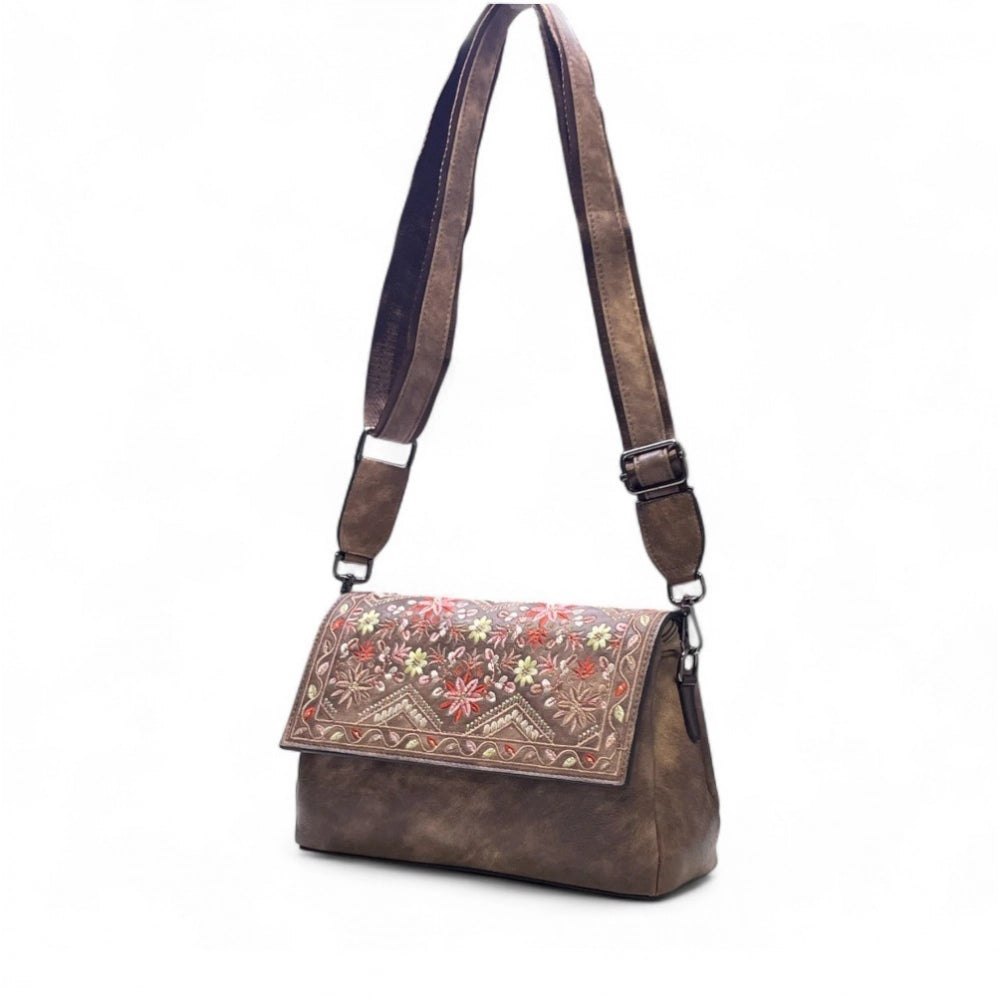 Generic Women's Polyurethane Floral Embroidered Crossbody Sling Bag with Adjustable & Removable Strap (Brown)