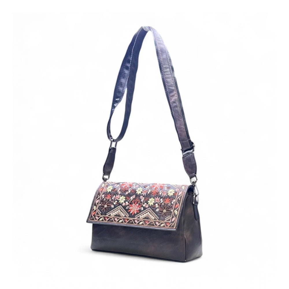Generic Women's Polyurethane Floral Embroidered Crossbody Sling Bag with Adjustable & Removable Strap (Coffee)