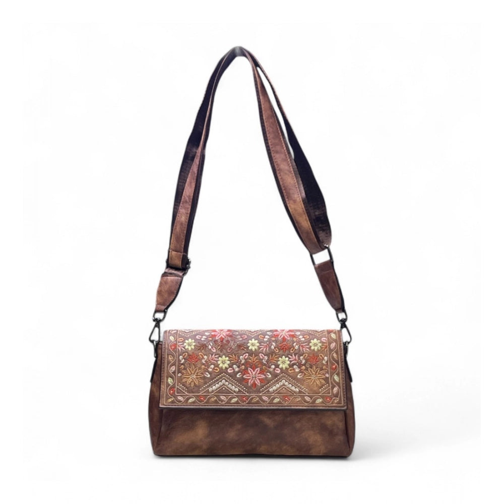 Generic Women's Polyurethane Floral Embroidered Crossbody Sling Bag with Adjustable & Removable Strap (Dark Brown)