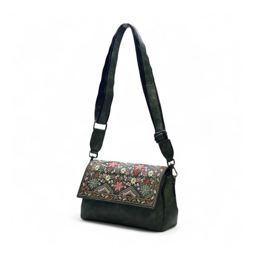 Generic Women's Polyurethane Floral Embroidered Crossbody Sling Bag with Adjustable & Removable Strap (Green)