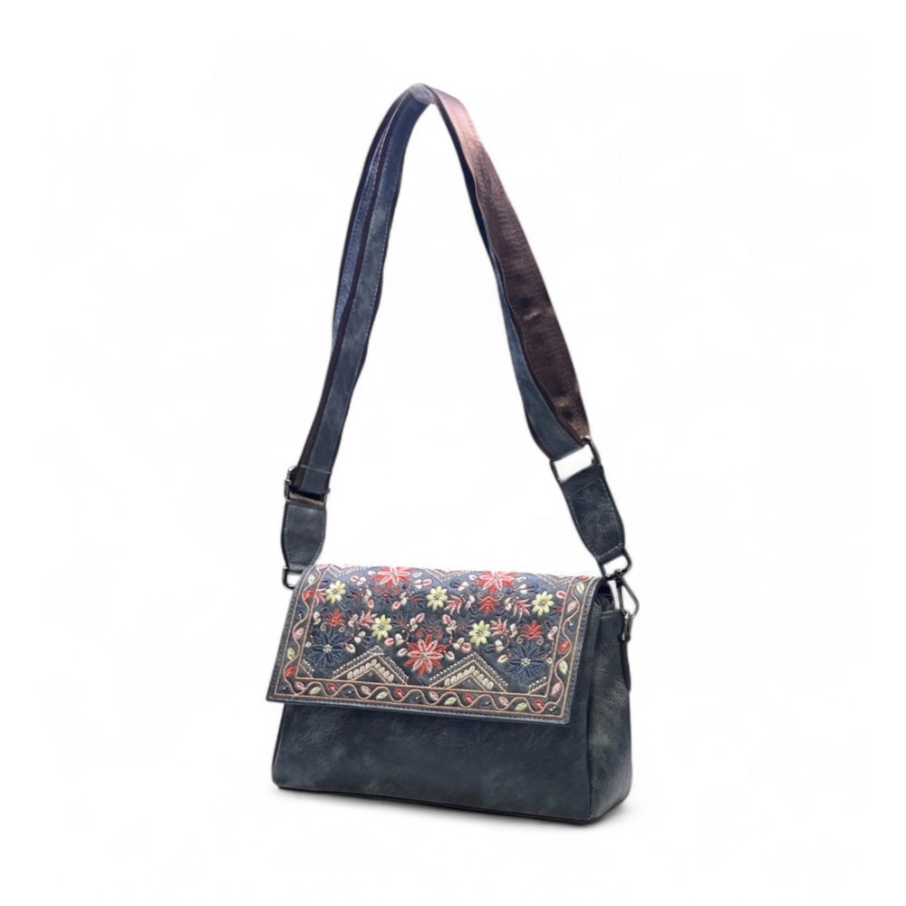 Generic Women's Polyurethane Floral Embroidered Crossbody Sling Bag with Adjustable & Removable Strap (Grey)